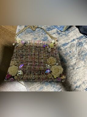 Embellished Tweed Floral Crossbody Bag in Beige